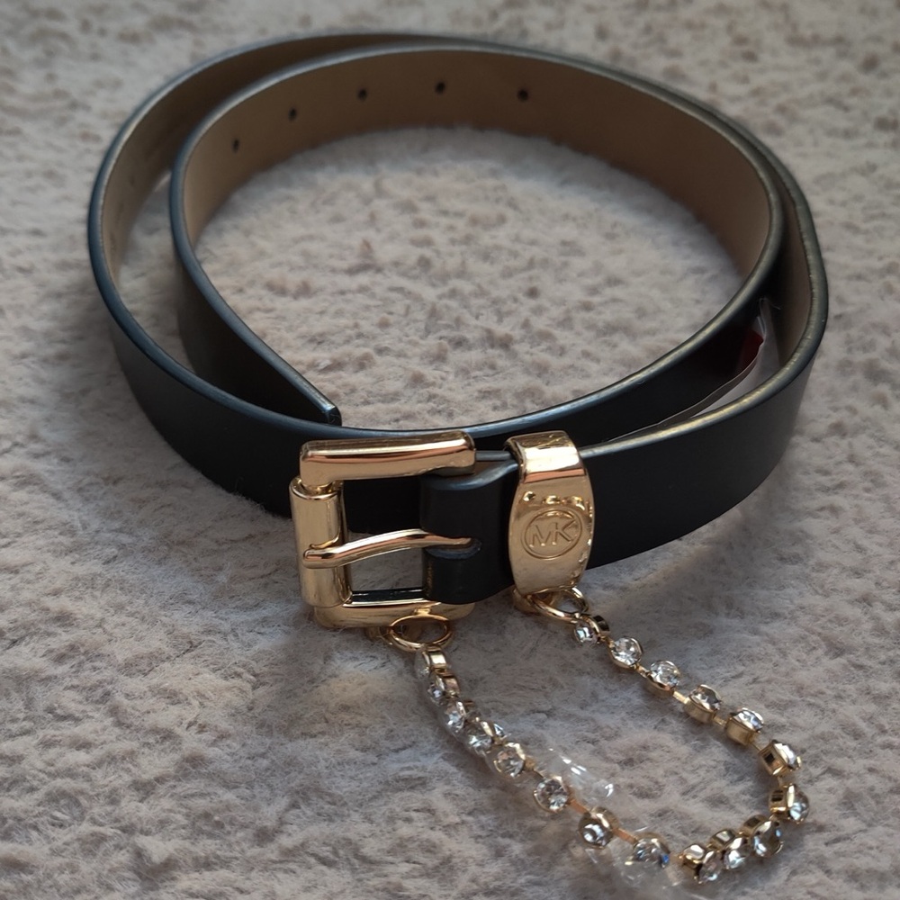 MICHAEL Michael Kors Black Leather Belt Gold Tone Buckle Crystal Swag Chain